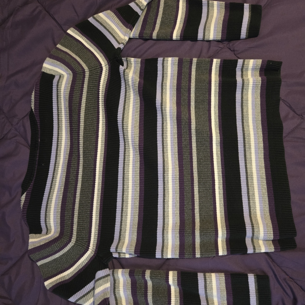 Purple, Black, And White Striped V-Neck Sweater - Picture 2 of 2